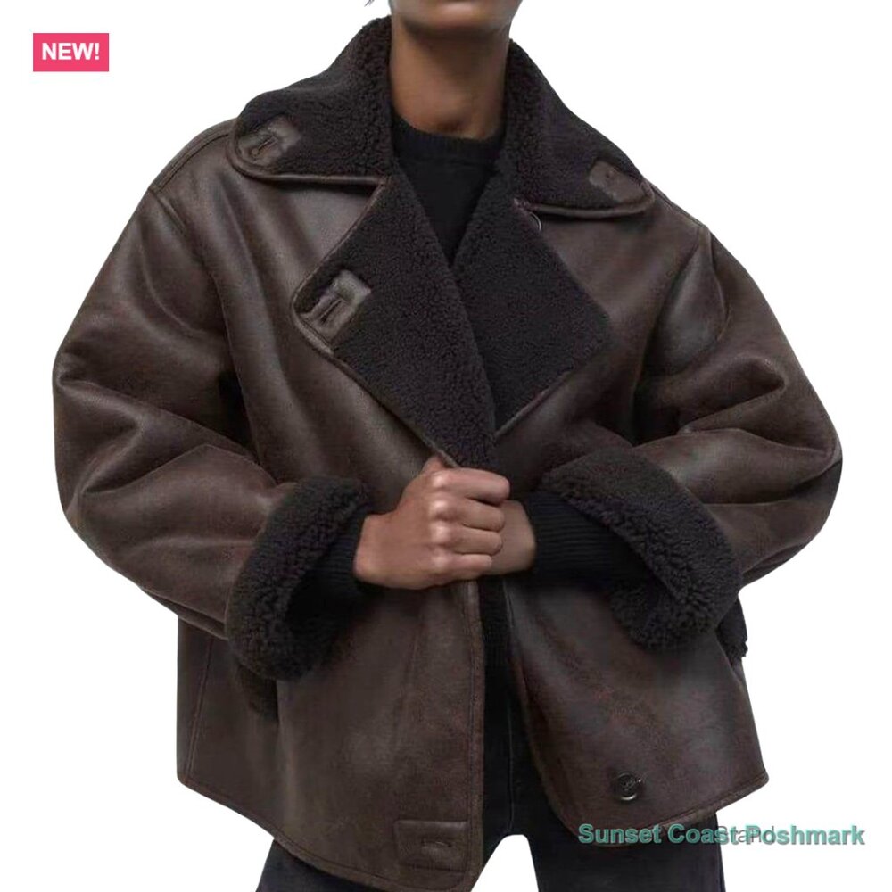 Faux Leather Sherpa Lined Oversized Moto Jacket Winter Overcoat